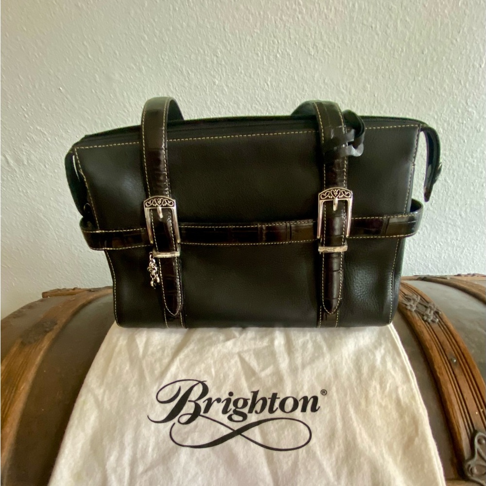 Vintage Brighton Black Leather Satchel Handbag, Croc Trim, Silver Heart Hardware